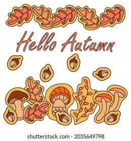 Hello Autumn. Cartoon colorful horizontal border. Hand drawn doodles season Vector illustration.