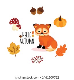 Hello Autumn Cartoon with cute fox.