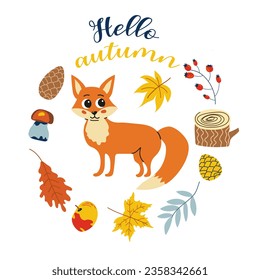 Hello autumn. Cartoon fox, hand drawing lettering. Card with leaves, autumn elements and cute forest animal on white background.Design for cards, print, poster.