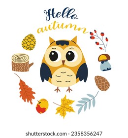 Hello autumn. Cartoon  owl, hand drawing lettering. Card with leaves, autumn elements and cute forest animal on white background.Design for cards, print, poster.