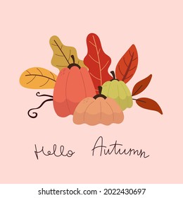  Hello autumn. cartoon pumpkins, leaf, decorative elements. Season, nature theme. colorful vector illustration, flat style. design for cards, t-shirt print, poster