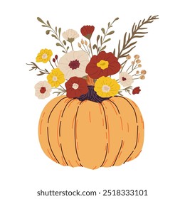 Hola otoño. Encantador concepto de ilustración de otoño con calabaza y botánica. Calabaza, flores tarjeta de felicitación para el otoño. Flores de otoño, hojas, ramitas con calabaza.  Ilustración para el anuncio, cartel, pegatina