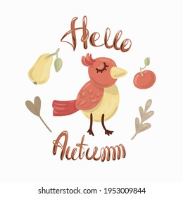 Hello autumn, circle frame with bird and fruits.Elements for the design of textiles, cards, t-shirts.