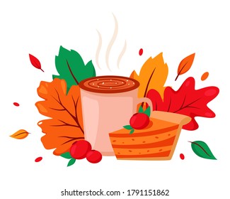 Hello autumn. Coffee cup with cake on autumn leaves background. Vector illustration