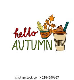 Hello autumn. Coffee cup with autumn leaves background.