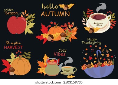 Hello autumn collage with cozy fall elements including apples, pumpkins, tea, coffee, colorful leaves, and seasonal greetings on a dark background