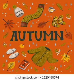 Hello autumn. Collection of fall season elements. Autumn greeting card with cozy home items for autumn season. Flat style hand drawn vector illustration.