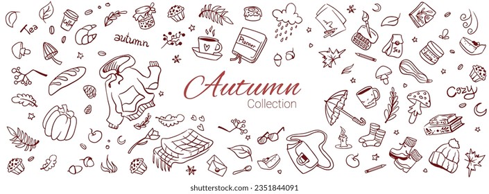 Hello Autumn collection with fall symbols. Set of autumn elements: leaves, coffee, tea, sweater, boots, vegetables, mushrooms. Hand-drawn Vector illustration in doodle  sketch style.
