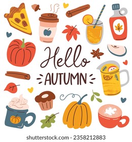 Hello autumn collection, hand drawn set of coffee, pumpkins, foliage, doodle icons of fall symbols, vector illustrations of maple syrup and cinnamon, lettering for fall season, cozy holidays