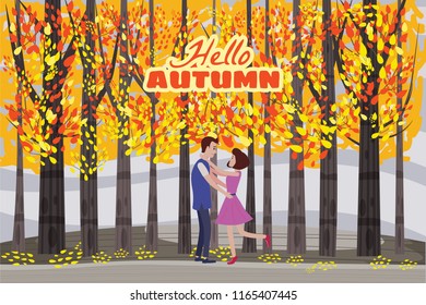 Hello autumn color illustration. Happy couple meeting and walking in park postcard design. Open air outdoor walk. Early fall landscape cartoon banner. Autumn time fire trees park. Vector