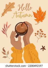 Hola Otoño - coloreado trendy vectorial ilustración de arte dibujado a mano, manos con taza de café y hojas de otoño. Tarjeta de saludo, afiche, plantilla de medios sociales. 