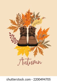 Hello Autumn - colored trendy vector hand drawn art illustration, old boots and fall leaves. Greeting card, poster, social media template.