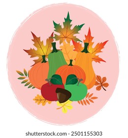 Hello autumn, colorful pumpkin leaves and seasonal apples and nuts. A vector image.