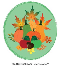 Hello autumn, colorful pumpkin leaves and seasonal apples and nuts. A vector image.