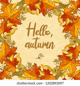Hello autumn. Colorful textured background of maple leaves. Template for design