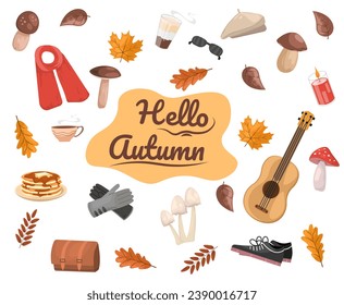 Hello autumn composition. Mushrooms and leaves, guitar. Fall season elements. Scarf, gloves and sneakers. Tea and pancakes. Cartoon flat vector illustration isolated on white background