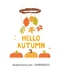 hello autumn concept. Autumn background with decorative garland of leaves and pumpkins