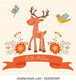 Hello autumn concept card with cute deer. Vector illustration