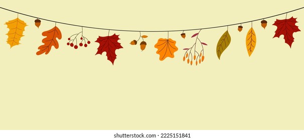 Hello Autumn concept colorful leaves. Autumn leaves decoration garland. Autumn leaves banner for seasonal promotion. Vector illustration