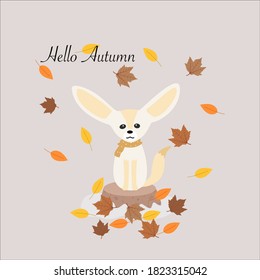 Hello autumn concept. Cute desert fox standing on a tree stump in a forest with colorful maple leaves fall around. flat style vector illustration.