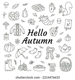 Hello autumn concept. Ideal for coloring books, stamps, invitations and others. Doodle style. Outline vector 