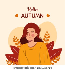 Hello autumn concept with a lovely girl in flat design