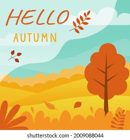 Hola concepto de otoño en estilo plano. Ilustración vectorial cuadrada de un paisaje otoñal con árbol y campo. Plantilla para publicación o banner web con texto