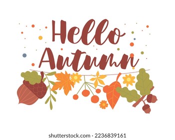 Hello autumn concept. Poster or banner for website, greeting card design. Berries, walnut and leaves and foliage on string, unusual decoration and accessory. Cartoon flat vector illustration