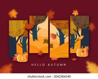 Hello Autumn Concept With Pumpkins, Maple Leaves And Tree On Red Background.