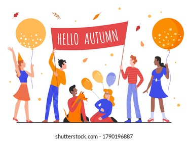 Hello autumn concept vector illustration. Cartoon flat happy people holding autumnal poster and balloons among falling seasonal yellow leaves, celebrating fall season together isolated on white