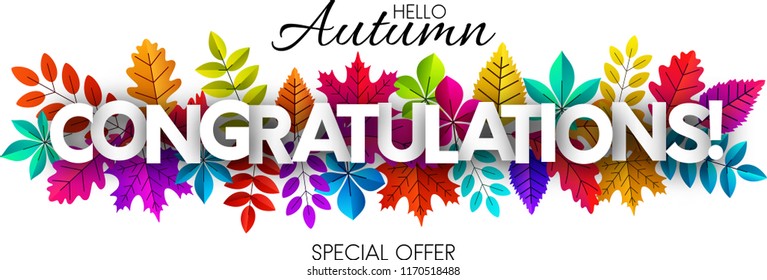 Hello autumn. Congratulations promotion banner with colorful leaves. Special offer. Vector background. 