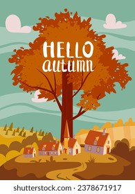 Hello Autumn countryside landscape, fall tree, farm, rural village