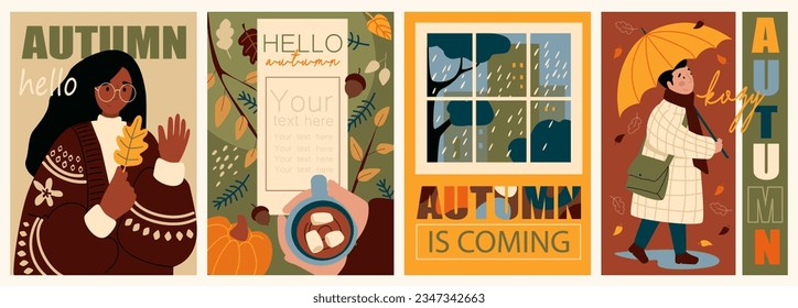 Hello Autumn cover brochure set in trendy flat design. Poster templates with woman in sweater holds fall forest leaves, hot cocoa, raining windows view, man with umbrella wolks. Vector illustration.