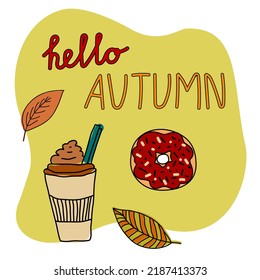  Hello autumn cozy composition, autumn leaves and coffee with sweets. Warming drink. Delicious hot beverage decorated by falling leaves around.