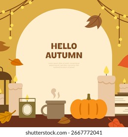 Hallo Herbst Cozy Fall Hintergrund. Herbst Dekorationen Illustrationsrahmen. Flache Vektorvorlage im Cartoonstil.