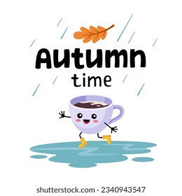 Hello autumn cozy postcard. Autumn time lettering. Happy Cup of cocoa in rubber boots jumping through puddles in the rain. Cartoon illustration, doodle style.