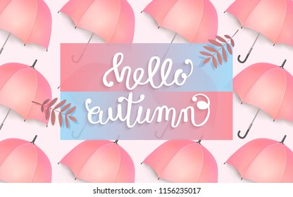 Hello autumn Creative autumn background with pink deep female umbrellas and a frame for the text Seasonal design Hi fall Vector illustration