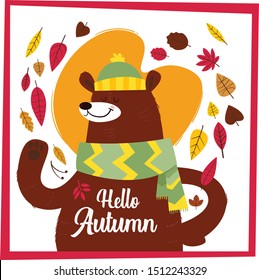 Hello autumn. Creative hand drawn card with cute big bear