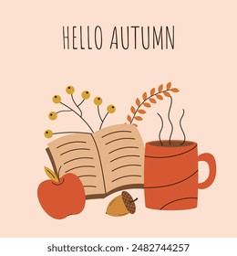 Hello autumn. Cup, book, apple, acorn. Minimalistic hand drawn postcard. Vector illustration.