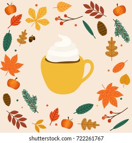 Hello autumn. Cup of coffee/latte Autumn leafs on the background. Flat design modern vector illustration concept.