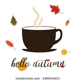 Hello autumn with cup and leaves Vector illustration