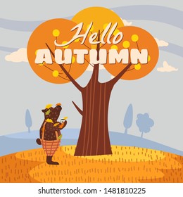 Hello Autumn Cute bear in pants with a cup of hot coffee. It stands under a tree and looks at the autumn tree, as the leaves fall. Illustration vector isolated banner postcard poster