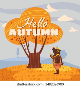 Hello Autumn Cute bear in pants with a cup of hot coffee. It stands under a tree and looks at the autumn tree, as the leaves fall. Illustration vector isolated banner postcard poster