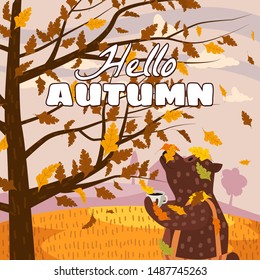 Hello Autumn Cute bear in pants with a cup of hot coffee. It stands under a tree and looks at the autumn tree, as the leaves fall. Illustration vector isolated banner postcard poster