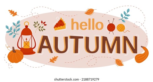 Hello autumn, cute card design. Cute lantern and pumpkin cozy and warm atmosphere of autumn days. Vector illustration