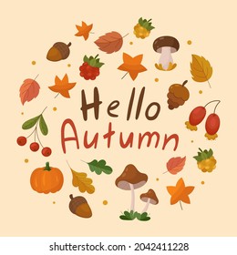 Hello autumn cute clip art elements. Fall stuff like mushrooms, oak, birch, maple aspen, leaves, wild rose, acorn, pumpkin, cranberry and cloudberry. Vector autumn design elements with cozy lettering