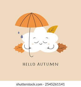 Hello autumn. Cute cloud character with umbrella and autumn leaves. Minimalistic postcard, greeting card. Flat vector illustration