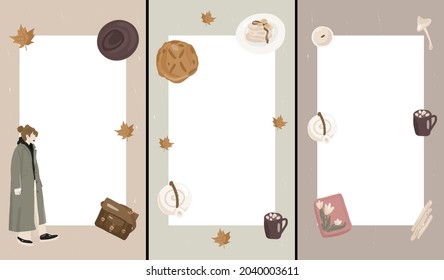 Hello autumn. Cute cover designs in cartoon style for brochures, stories, applications. Vector flat set of cover designs with autumn elements. Set of backgrounds with place for text. Autumn vibe.