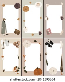 Hello autumn. Cute cover designs in cartoon style for brochures, stories, applications. Vector flat big set of cover designs with autumn elements. Set of backgrounds with place for text. Autumn vibe.