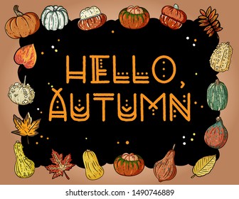 Hello autumn cute cozy banner with pumpkins. Autumn festive poster. Fall harvest postcard